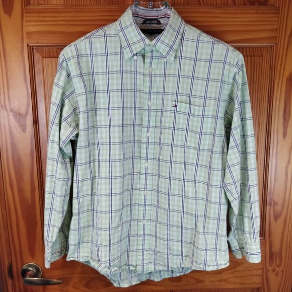 Tommy Hilfiger Plaid Shirt Large Green White Blue Cotton Button Down - Picture 1 of 6